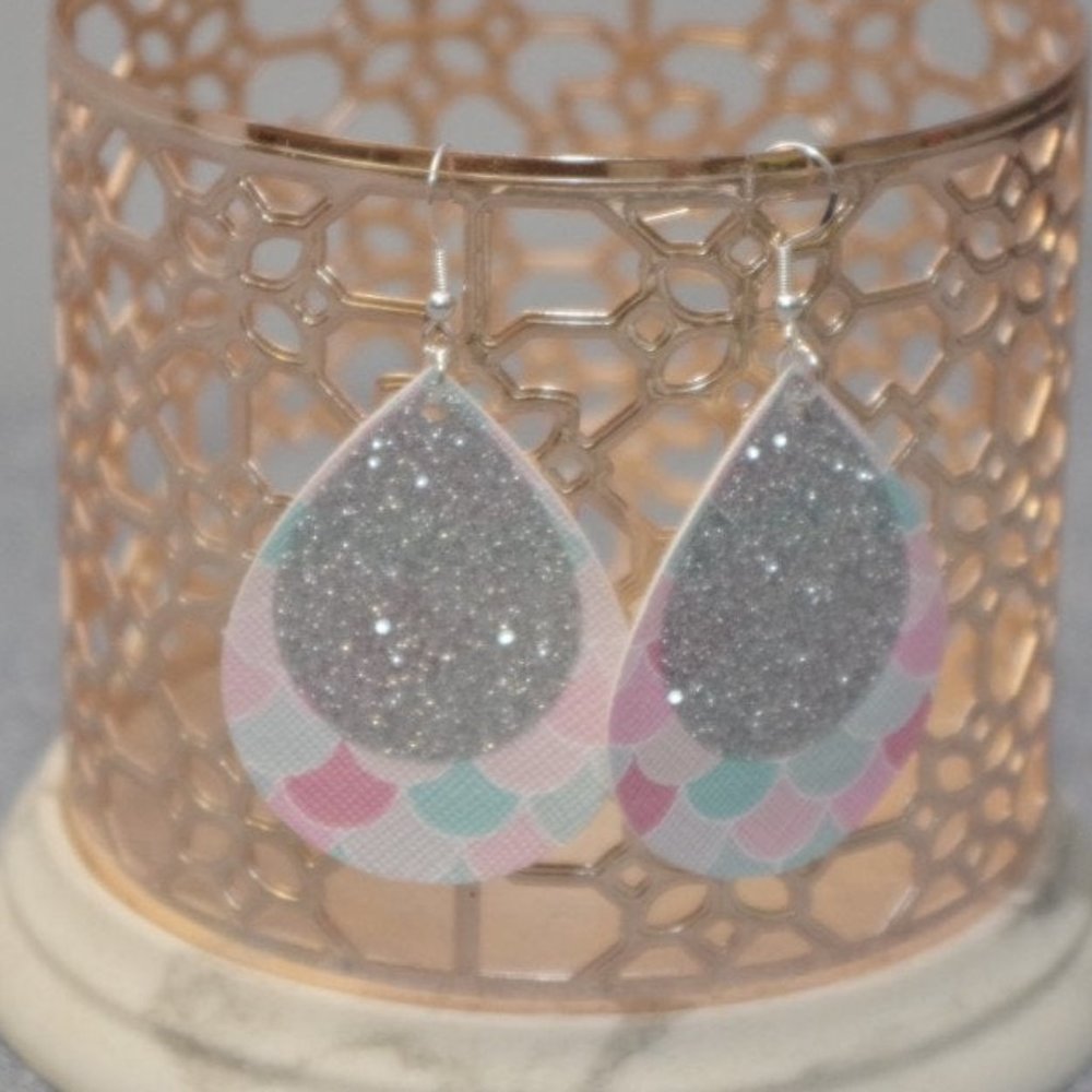 Pink/Mint Mermaid Scale W/ Gold Glitter Teardrop Earrings